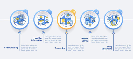 Digital skills circle infographic template. Computer systems. Data visualization with 5 steps. Process timeline info chart. Workflow layout with line icons. Lato-Bold, Regular fonts used