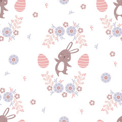 Seamless Easter pattern. Cute easter bunny in flowers and with easter eggs on white background. Vector illustration with scandinavian style. For Easter design and decor, print, packaging and wallpaper