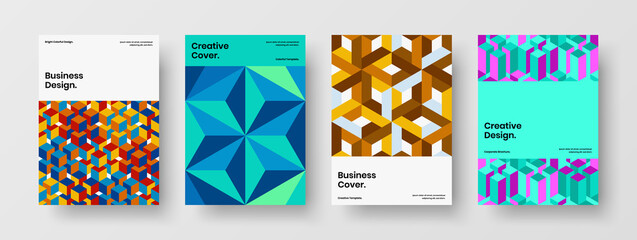 Creative pamphlet A4 vector design template set. Isolated geometric hexagons placard concept bundle.