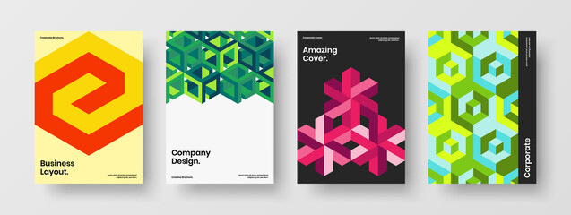 Original annual report A4 vector design concept set. Multicolored mosaic pattern magazine cover illustration composition.