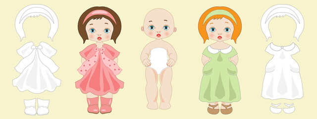 Illustration of a paper doll to color and dress up with two examples