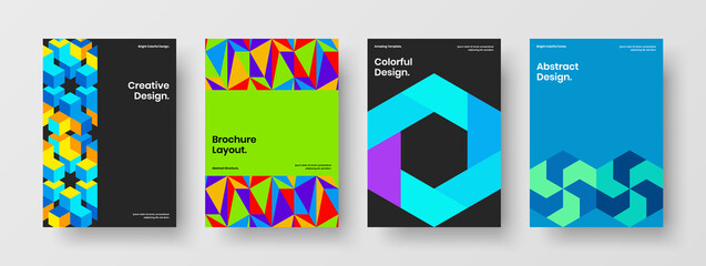 Bright booklet vector design illustration set. Minimalistic mosaic hexagons annual report concept collection.