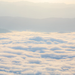 Sunrise time with sea of fog and clouds with mountain hill at Sri Nan National Park Doi Samer Dao Nan Province Thailand, Asia.
