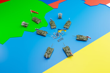Russian military tanks encircling the Ukraine Capital city Kyiv. War in Ukraine, Russia special operation. 3D rendering.