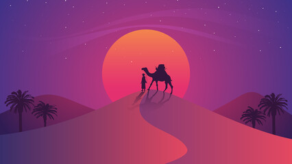 illustration of a man walking with a camel in a desert. background and banner ramadan the holy month.