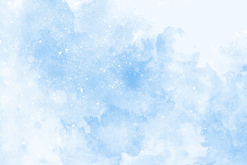Abstract blue winter watercolor background. Sky pattern with snow. Light blue watercolour paper texture background.Water color design illustration