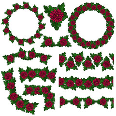 Set of frames, dividers, corners and borders of red chrysanthemums with green leaves, floral decorative elements for design