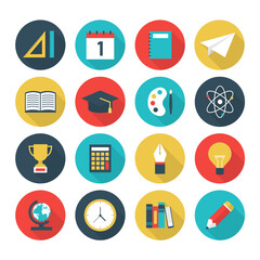 set of education on circles and integrate flat icons. colorful school knowledge sign collection with long shadow. vector illustration in flat style modern design.