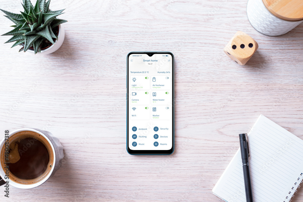 Poster Home automation control app concept on smart phone. Monitoring and control system app with modern interface. Top view, flat lay desk composition