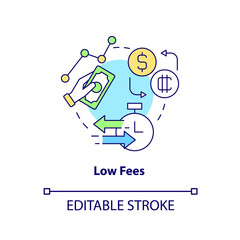 Low fees concept icon. Crypto-currency competitive benefit abstract idea thin line illustration. Affordable sum. Isolated outline drawing. Editable stroke. Arial, Myriad Pro-Bold fonts used