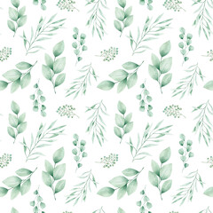 Watercolor seamless pattern green branches, eucalyptus, berries. Isolated on white background. Hand drawn clipart. Perfect for card, fabric, tags, invitation, printing, wrapping.