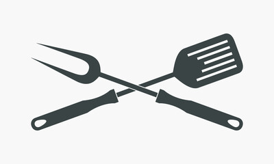 BBQ or grill tools graphic icon. Crossed barbecue fork and spatula sign isolated on white background. Symbol in flat design. Vector illustration 