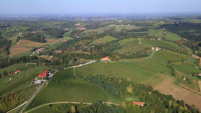 View on the beautiful Slovenian countryside. Vineyard hills with beautiful old wine celler cottages.