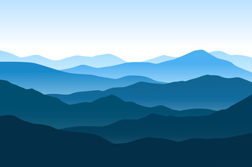 Vector blue landscape with silhouettes of mountains and hills - 490091192