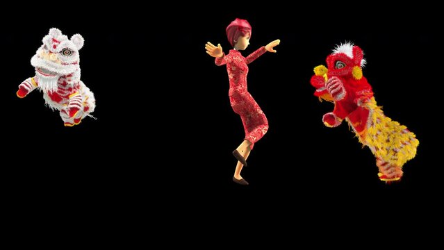 Girl Dancing, Lion Dancing, Chinese New Year, dragon, happy new year, 3d rendering, Animation Loop composition 3d mapping cartoon, included in the end of the clip with Alpha matte.