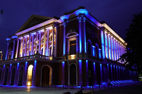 Theatro da Paz at night (Peace Theater), is located in the city of Bel&eacute;m, in the state of Par&aacute;, in Brazil. Build in the golden age of rubber in the Amazon Basin.
