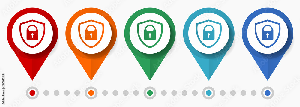 Aufkleber shield, security concept vector icon set, flat design protect pointers, infographic template easy to