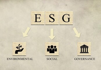 Set of wood cube in ESG icon concept for environmental, social, and governance in sustainable and ethical business