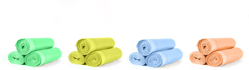 Rolls of garbage trash bin bag isolated on white background