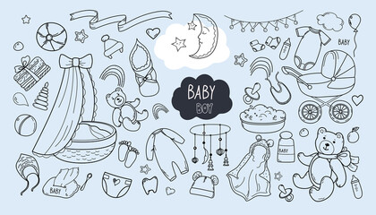 Set of hand drawn baby BOY. Cartoon sketch style doodle for icon, banner. Elements little baby clothes.