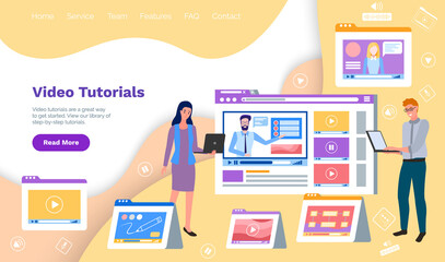 Video tutorials, study and learning concept. Monitor with online player on screen. Online webinars seminar speaker student web consultation webcast e meeting video training course vector landing page