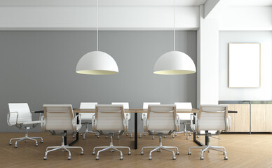 Minimalist meeting room with wood file cabinet and hanging lamp, gray wall and wood floor. 3d rendering
