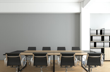 Minimalist meeting room with gray wall and wood floor. 3d rendering
