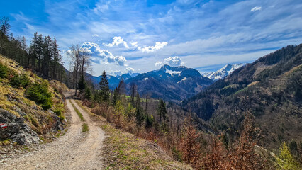 Fototapeta na wymiar Scenic view of a hiking trail leading to the snow capped mountain peaks of Karawanks near Sinacher Gupf in Carinthia, Austria. Mount Wertatscha and Hochstuhl (Stol) is visible in early spring.Rosental