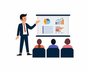 People at business training with presenter and chart board.