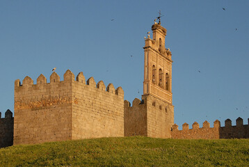 Campanario del antiguo Convento del Carmen y murallas de la ciudad de Ávila en la región de Castilla La Mancha, España