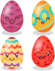 Easter eggs stickers kawaii icon vector design. Adorable decorated holiday eggs with positive emotions, japanese culture symbol anime. Sweet smiling faces, facial expressions in cute oriental style