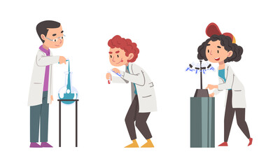 Children scientists in white lab coats doing scientific research in laboratory equipment set cartoon vector illustration