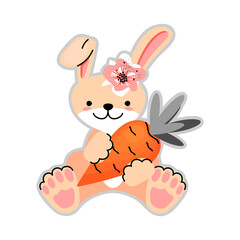 Cute cartoon bunny with a carrot in its paws.Sitting animal character with paws, ears, a flower on his head isolated on a white background.Vector illustration for baby, design card,kids apparel,print.