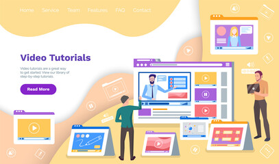 People watching and sharing online video tutorials. Digital internet television, web videos player or social media live stream concept. Website or webpage template, landing page in flat style