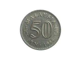 Malaysia fifty sen coin on a white isolated background