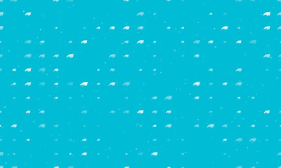Seamless background pattern of evenly spaced white sea turtle symbols of different sizes and opacity. Vector illustration on cyan background with stars