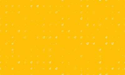 Seamless background pattern of evenly spaced white demiboy symbols of different sizes and opacity. Vector illustration on amber background with stars