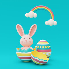 Easter bunny with colorful easter eggs on blue backgound,happy easter holiday concept.minimal style,3d rendering.