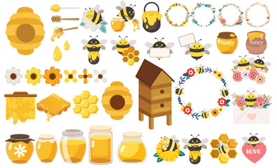 Set of cute bee , honey , house bee, jar and flower in flat vector style. Graphic resource about nature for background, graphic,content , banner, sticker.
