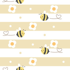 a seamless pattern of cute bee flying with white flower in flat vector style