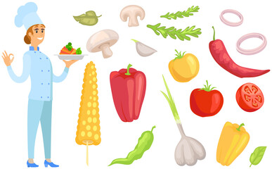 Woman holds plate with vegetable vegan meal. Design for healthy vegetarian restaurant menu. Female kitchener serves dish from chef, fresh food at cafe. Chef holding fresh dish near vegetables icons
