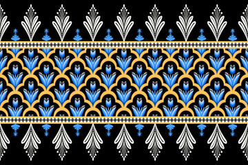Blue Flower on Black, White, Yellow Geometric ethnic oriental pattern traditional Design for background,carpet,wallpaper,clothing,wrapping,Batik,fabric, illustration embroidery style