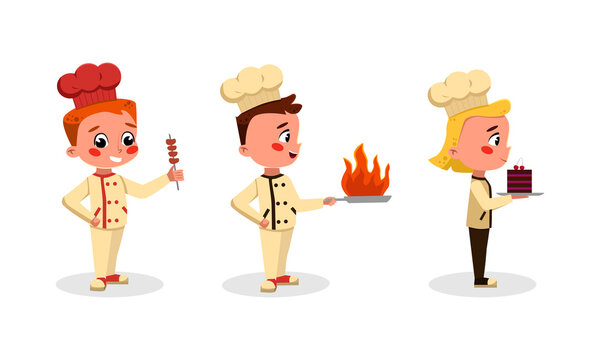 Cute children in uniform with kitchen tools set. Boy and girl chefs characters cooking tasty dishes cartoon vector illustration