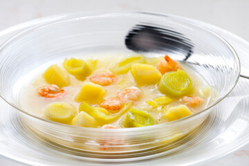 leek soup with potatoes and shrimps