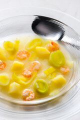 leek soup with potatoes and shrimps