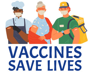 Vaccination promo, immunization of workers. Vaccine saves lives. Stop coronavirus agitation concept. People wearing protective mask showing their arm with bandage after receiving covid-19 vaccine