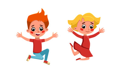 Happy girl and boy happily jumping. Funny kids having fun cartoon vector illustration
