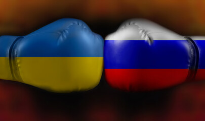 Flags of Russia and Ukraine on boxing gloves on a black background. Political conflict between...