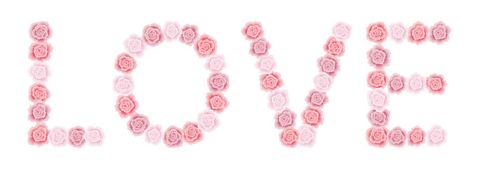Word Love – red and pink rose font on white background