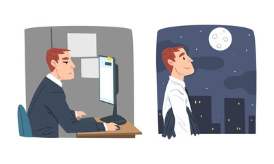 People daily routine set. Businessman working on computer in office and walking after work at night cartoon vector illustration